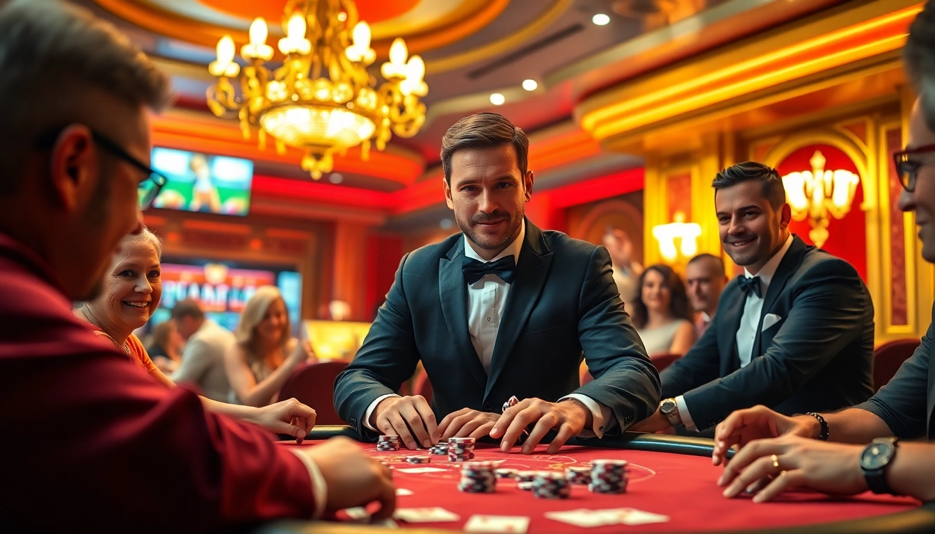 Experience thrill with the Vegas hero dealer engaging at a lively poker table in a vibrant casino.