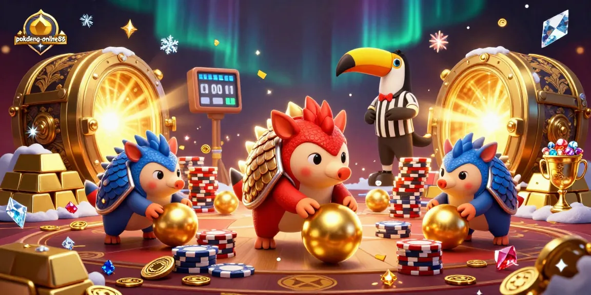 Bowling pangolins in armor celebrate at pokdeng-online88 casino surrounded by treasures and poker chips.