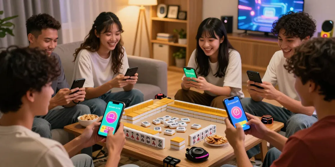 Friends playing Mahjong online with CIKA4D app on mobile devices in a cozy setting.