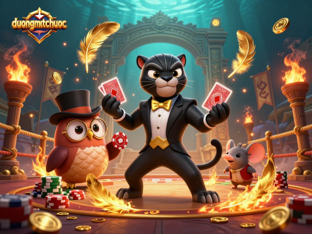 Engage with duongmatchuoc in a vibrant 3D illustration showcasing a stylish panther dealer, owl, and lucky mouse.