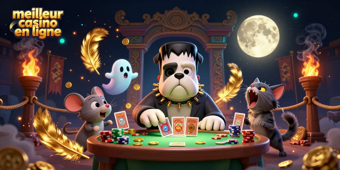 Meilleur casino en ligne avec un bulldog Frankenstein et un chat-garou jouant aux cartes dans une ambiance dynamique.