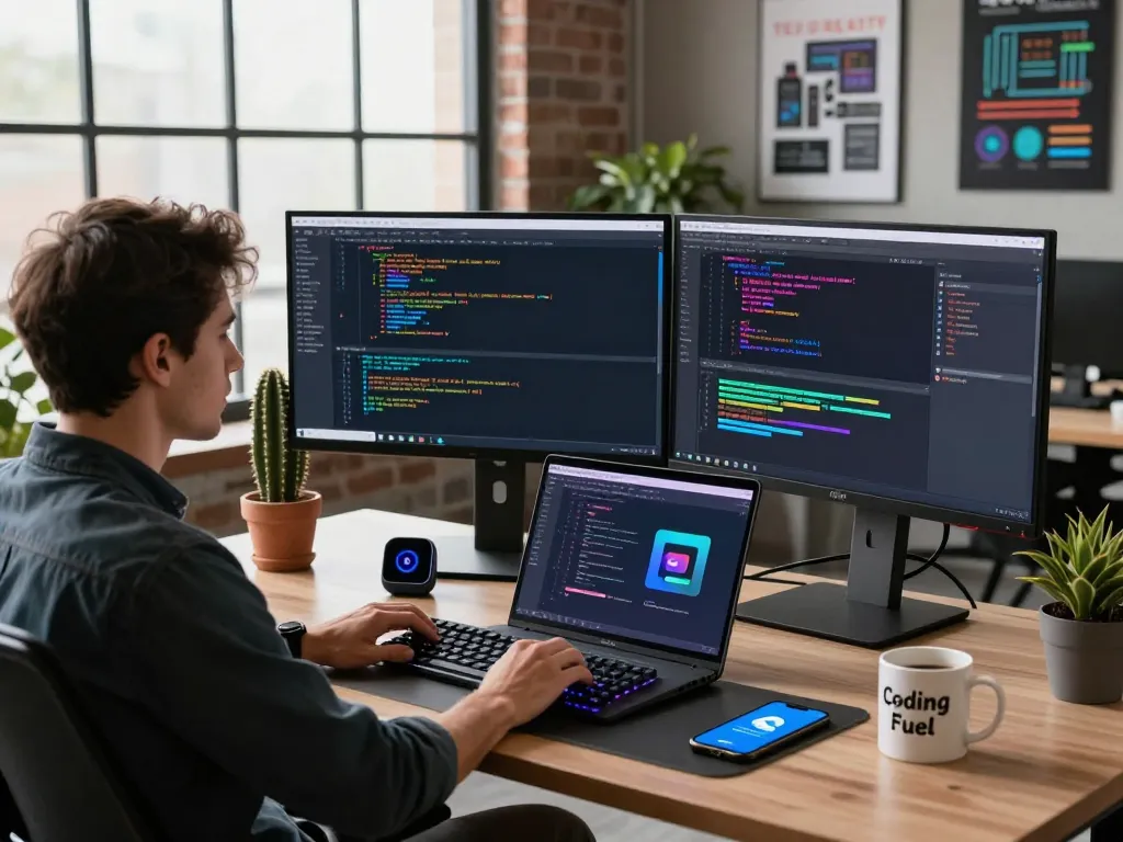 Developer using Moltbot AI software in a modern workspace with dual monitors and tech decor.