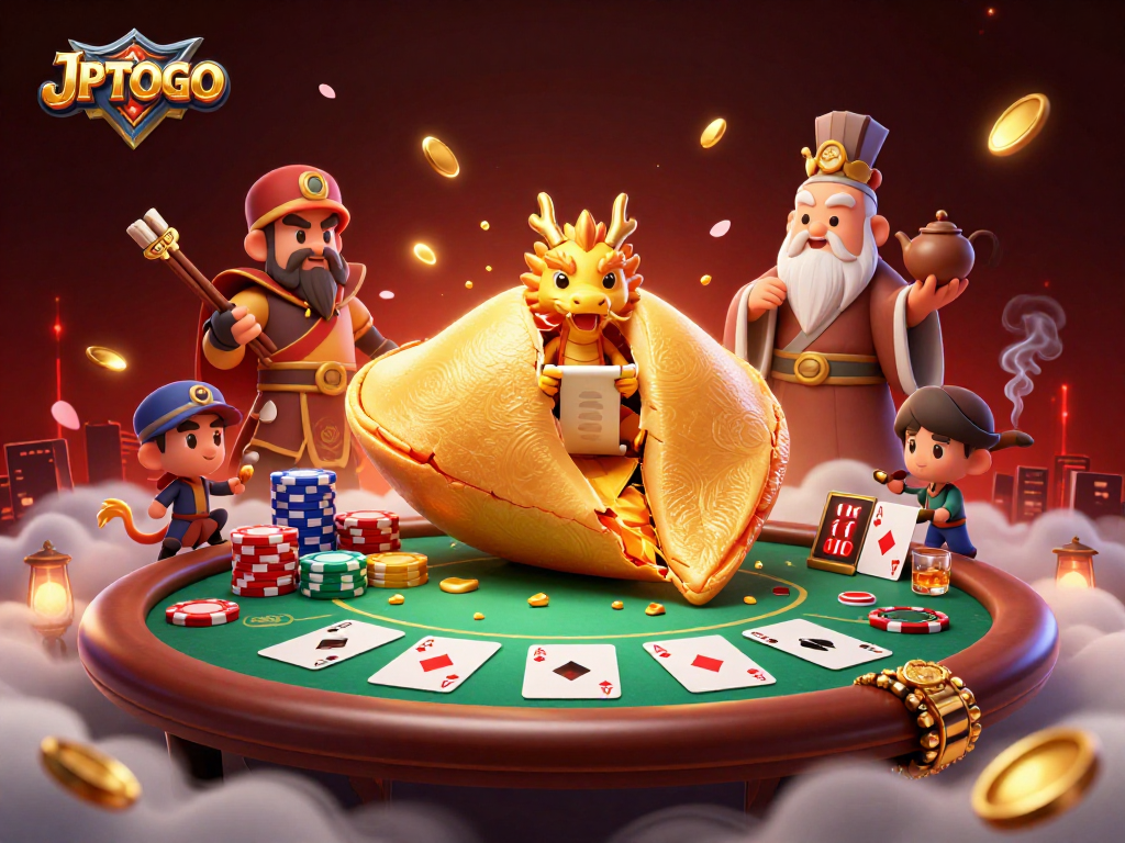 Experience vibrant gaming with JPTOTO featuring a golden fortune cookie scene filled with poker elements.