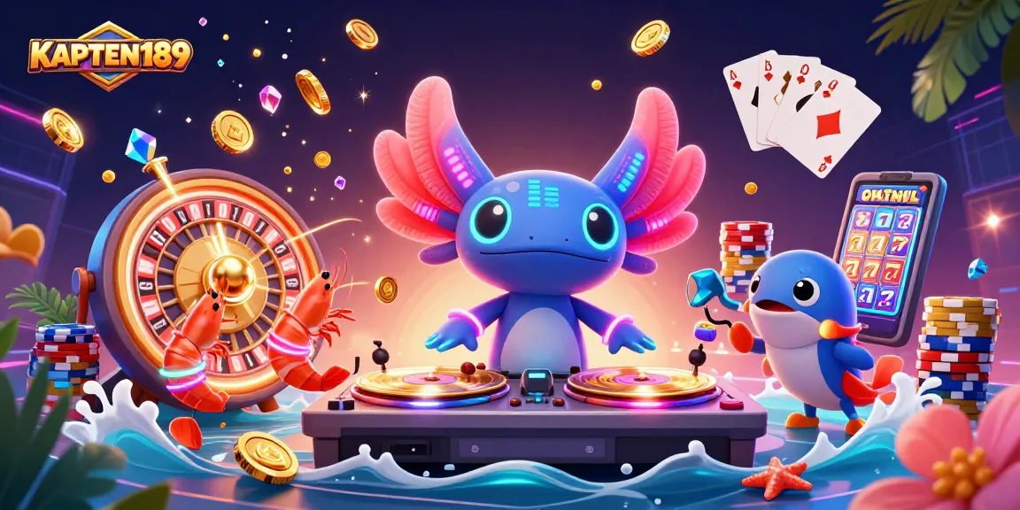 KAPTEN189 merayakan permainan slot online dengan DJ axolotl berwarna neon dan teman-temannya, dikelilingi koin emas.