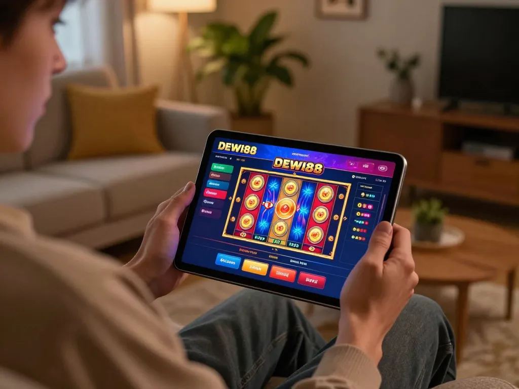 Bergabung dengan slot online DEWI88 di tablet dalam suasana rumah yang nyaman.