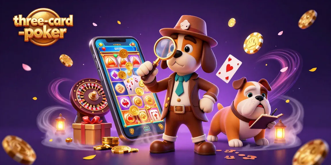 Engage with the excitement of three-card-poker as a detective examines a golden poker chip clue amid vibrant casino elements.