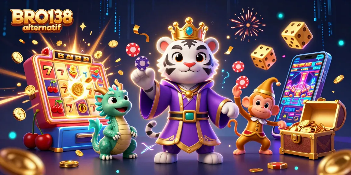 Experience the excitement of BRO138 alternatif with vibrant slots and dynamic game elements in a playful casino scene.