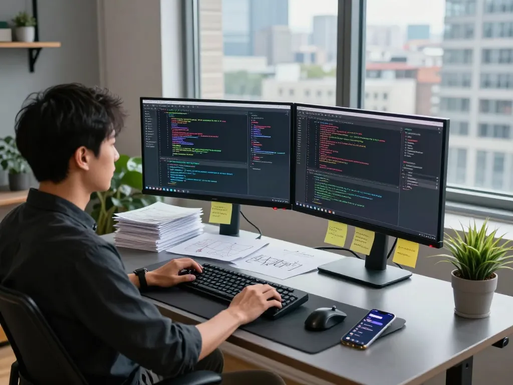 A software developer using OpenClawd on dual monitors in a modern workspace, showcasing productivity and innovation.