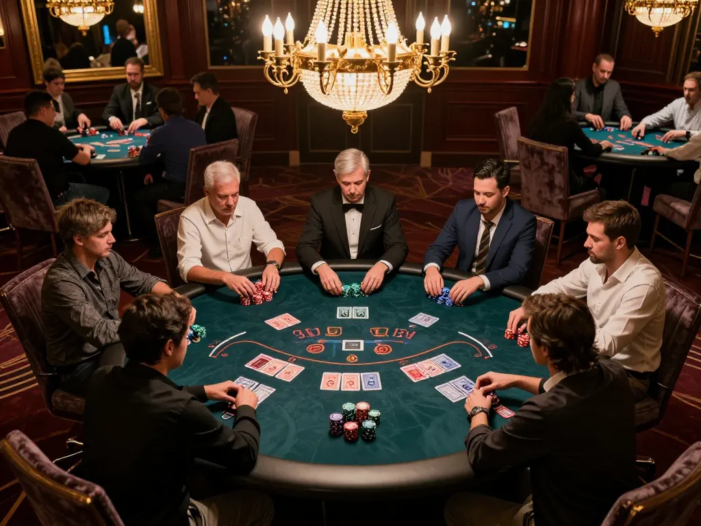 Players engaging in a high-stakes game of poker at a vibrant casino table, featuring the keyword slot depo 4k for exciting strategic play.