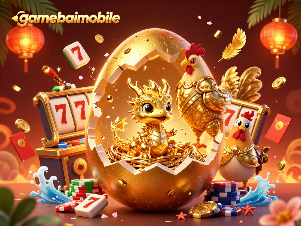 Gamebaimobile offers an exhilarating scene with a golden dragon and slot reels, showcasing vibrant casino elements.