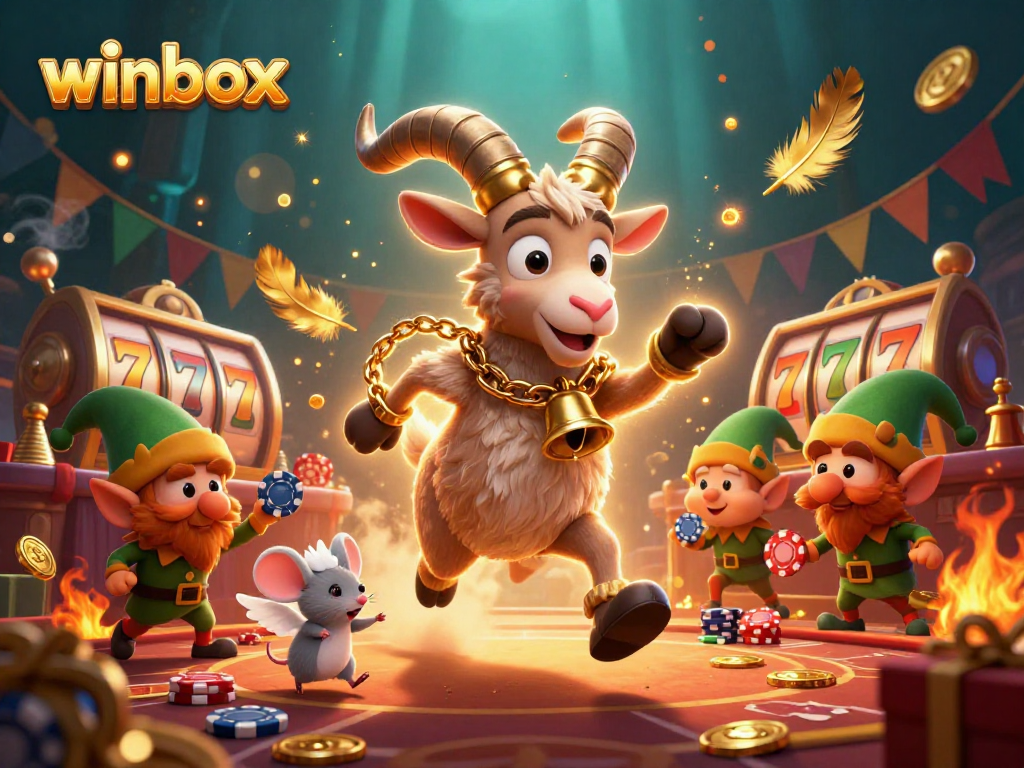 Winbox features a Krampus goat, angel mouse, and elf gremlins in a dynamic casino scene.