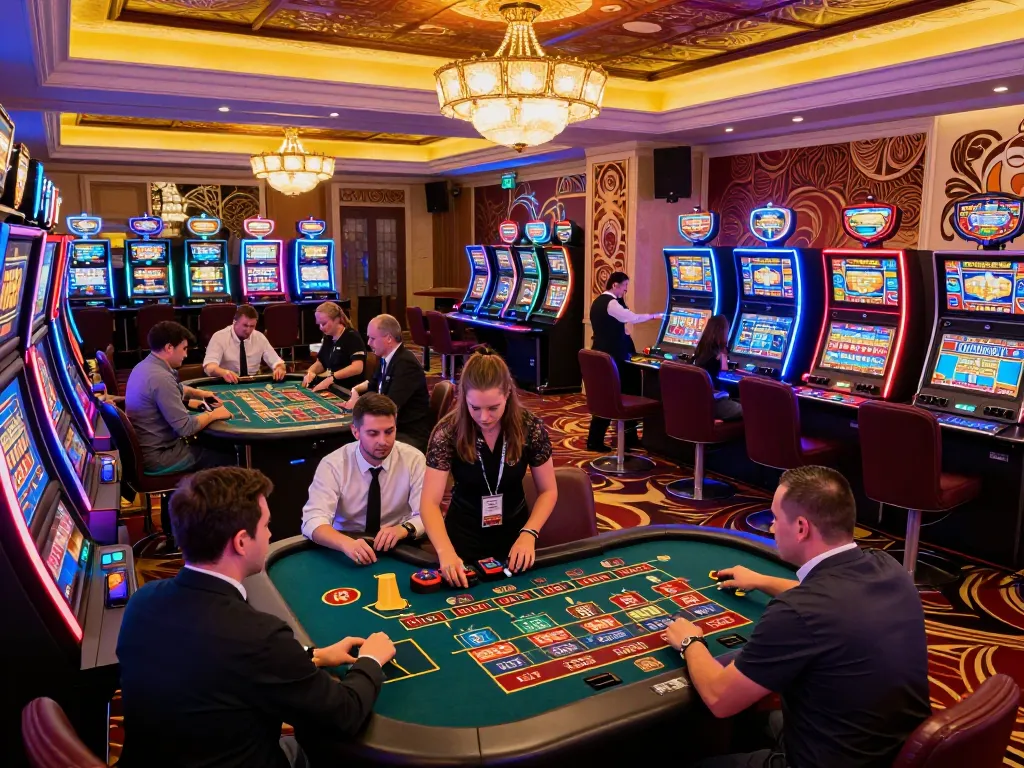 Players enjoying various games at the casino, highlighting the vibrant atmosphere and inviting 789win link for online gambling.