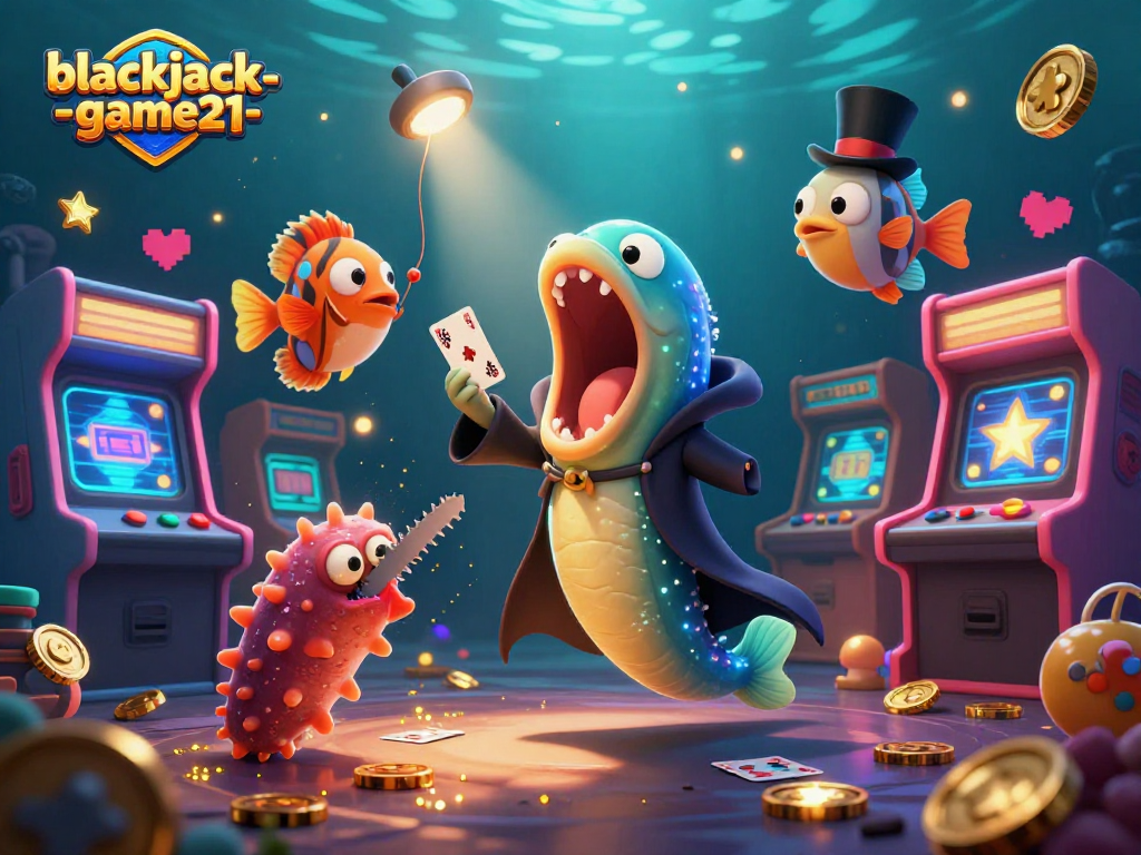 Experience the thrilling blackjack-game21 underwater with vibrant characters and casino elements.