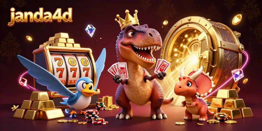 Permainan judi janda4d dengan T-Rex, pterodactyl, dan triceratops di kasino yang mewah.