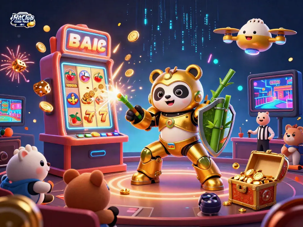 Engaging arena scene with a 3D mech-suit golden panda showcasing HitClub Chính Thức, surrounded by vibrant casino elements.