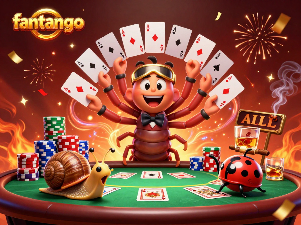 Engage in fantango gaming excitement with vibrant cards, chips, and animated characters!