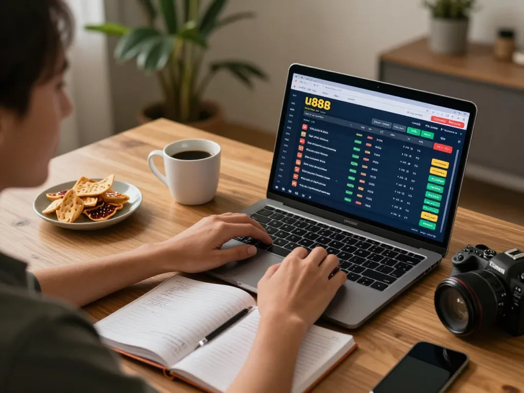 Engaging online betting scene featuring u888 interface on laptop with a cozy home atmosphere