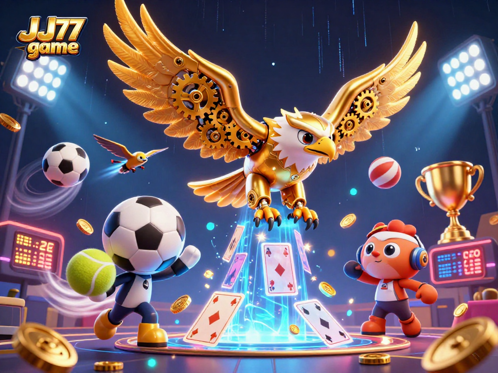Engage in the thrilling JJ77 game with dynamic illustrations of sports elements and a heroic golden eagle.