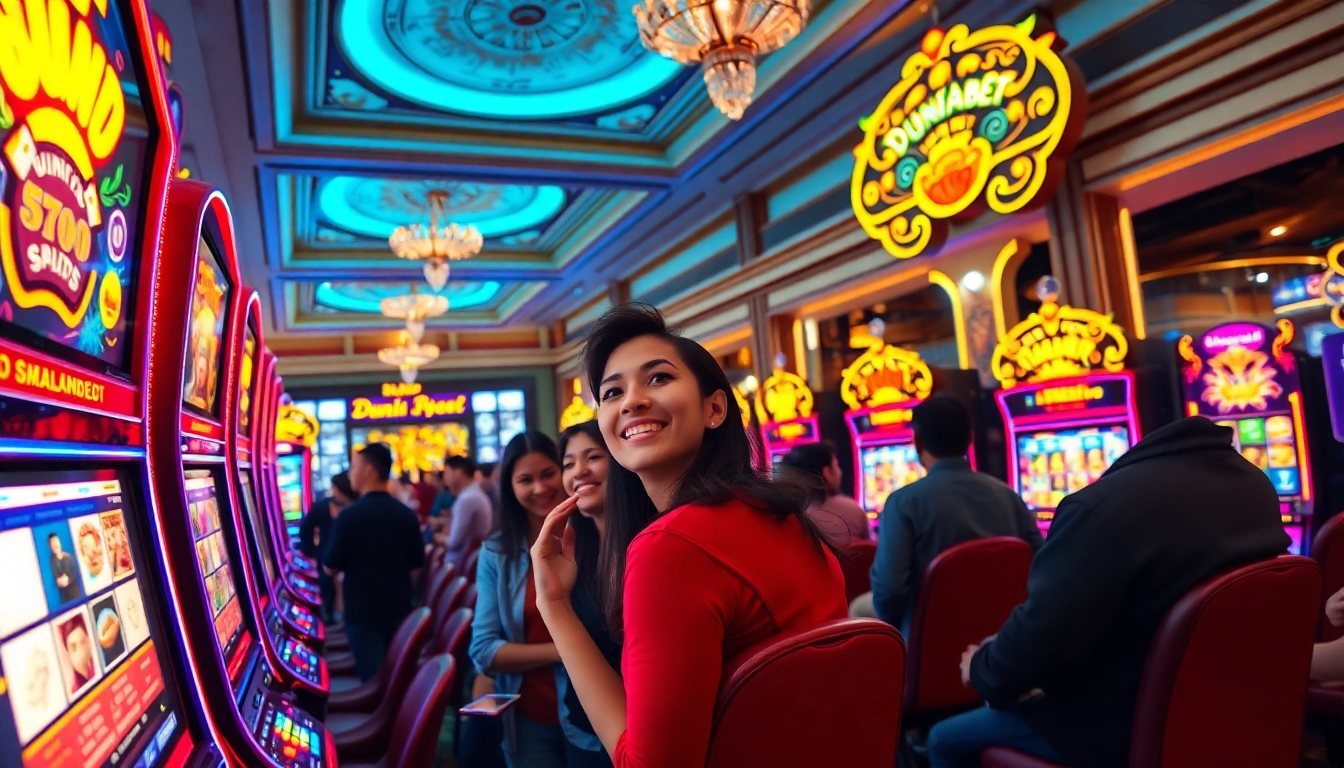 Menampilkan duniabet slot yang seru dengan pemain yang antusias di kasino yang hidup.
