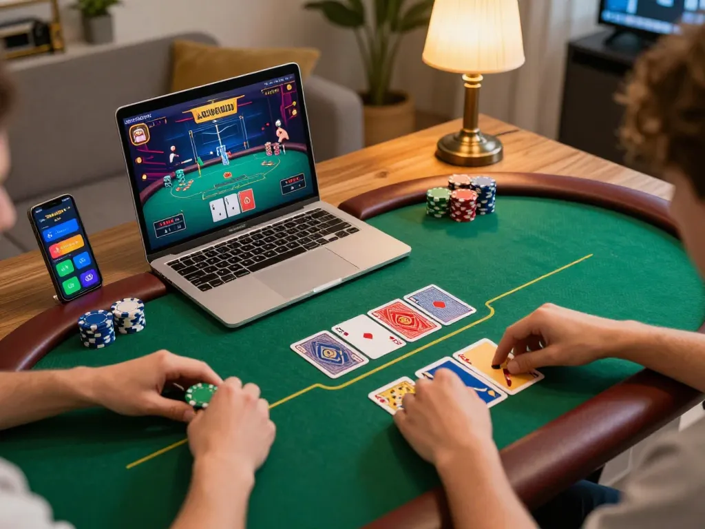 Engaging online poker scene at 98win com with players strategizing over vibrant cards and chips.