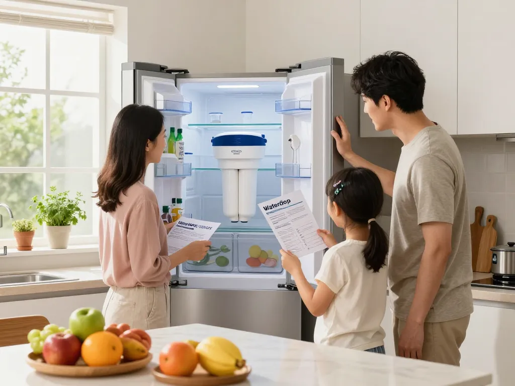 Family installing the Waterdrop EDR3RXD1 Replacement for Everydrop® Filter 3 in a bright kitchen.