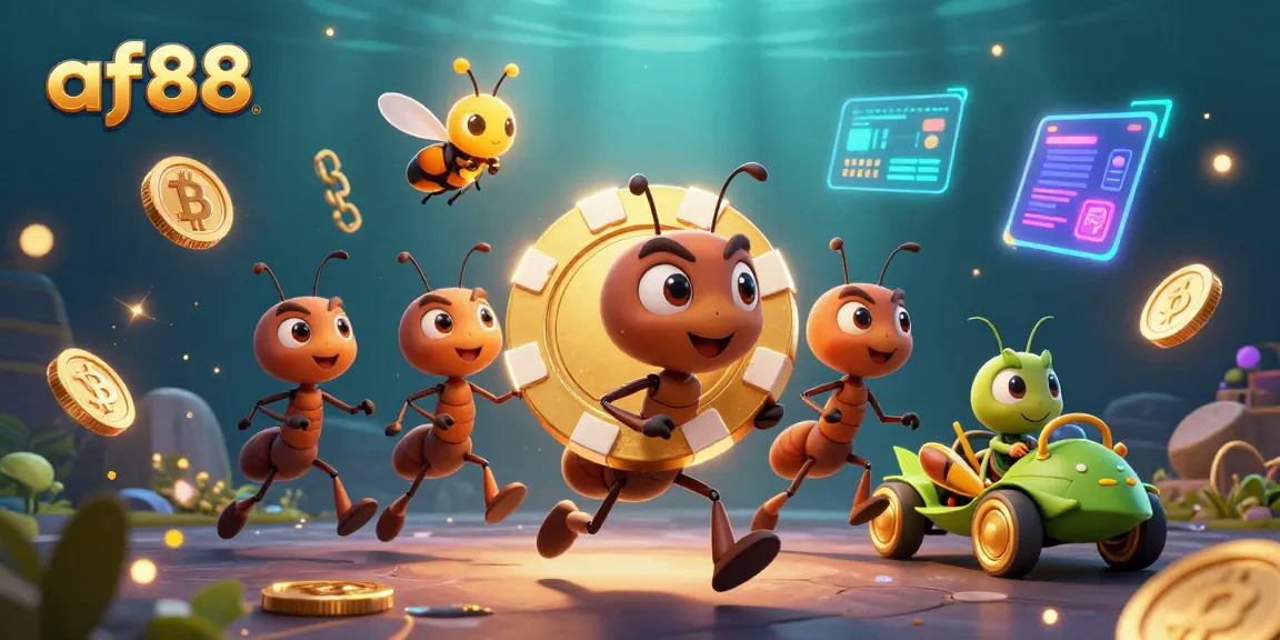 Engage in thrilling gaming adventures at af88, where cartoon ants haul a giant poker chip in an immersive casino heist.