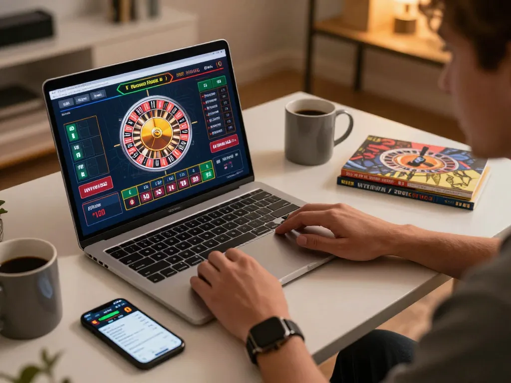 Engaging in live dealer roulette online on laptop while tracking bets in casino app da88