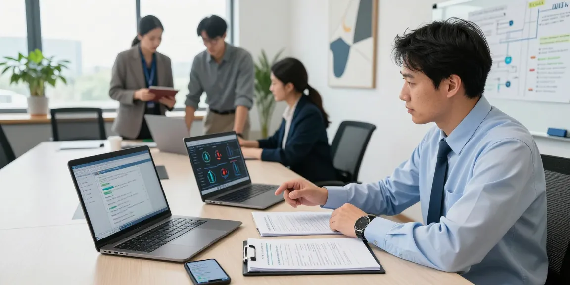Investigator collaborating on asset tracing strategy with documents and laptops in a modern office.