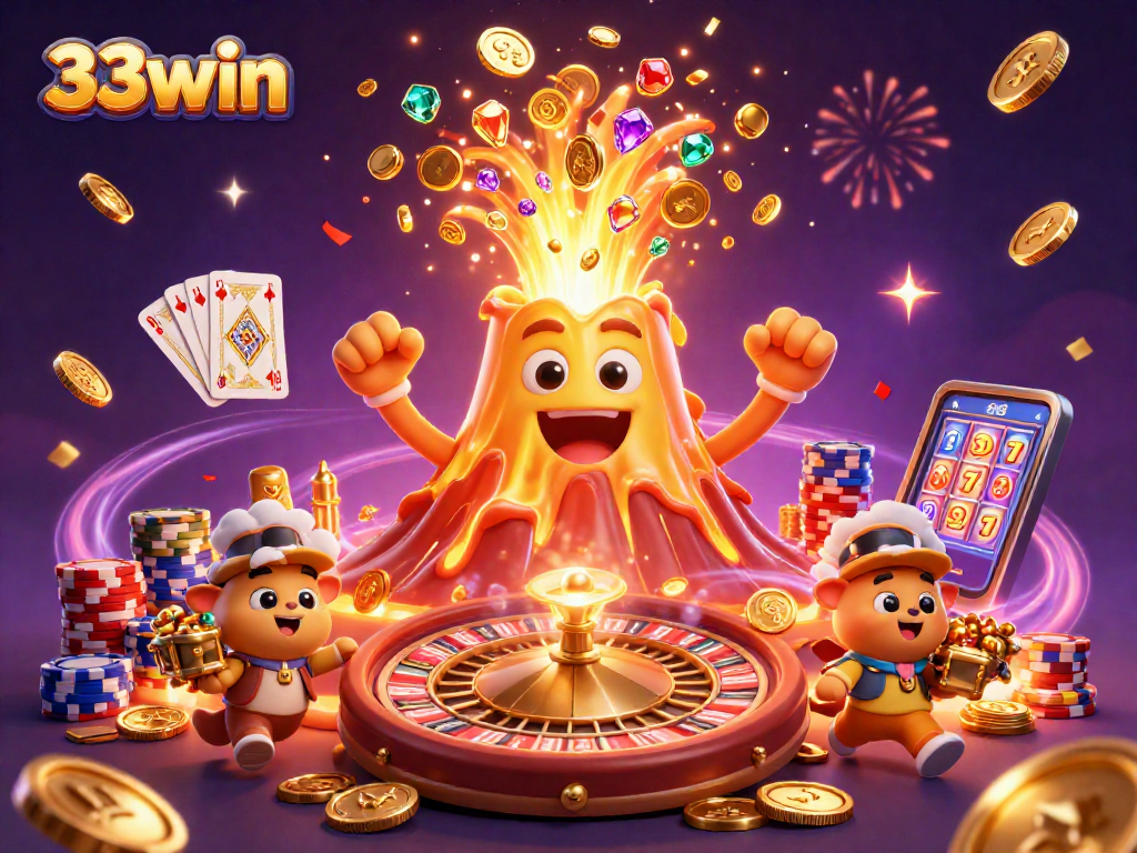 Experience the thrill of 33win with a vivid casino scene bursting with excitement and treasures.