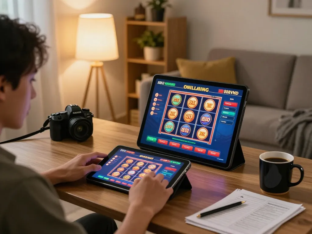 Person enjoying online gaming on 888VND tablet in cozy home environment.