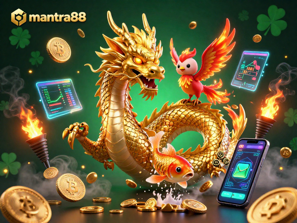Experience mantra88's premium gaming with vibrant dragons, coins, and cryptocurrencies in this engaging illustration.