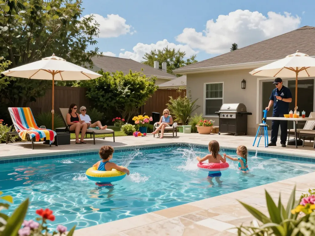 Dolphin Pool Services family enjoying a well-maintained pool in sunny backyard.