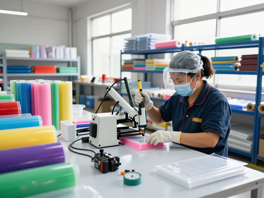Bóc ép plastic thanh xuân process in a vibrant packaging workshop with a skilled worker sealing plastic products.