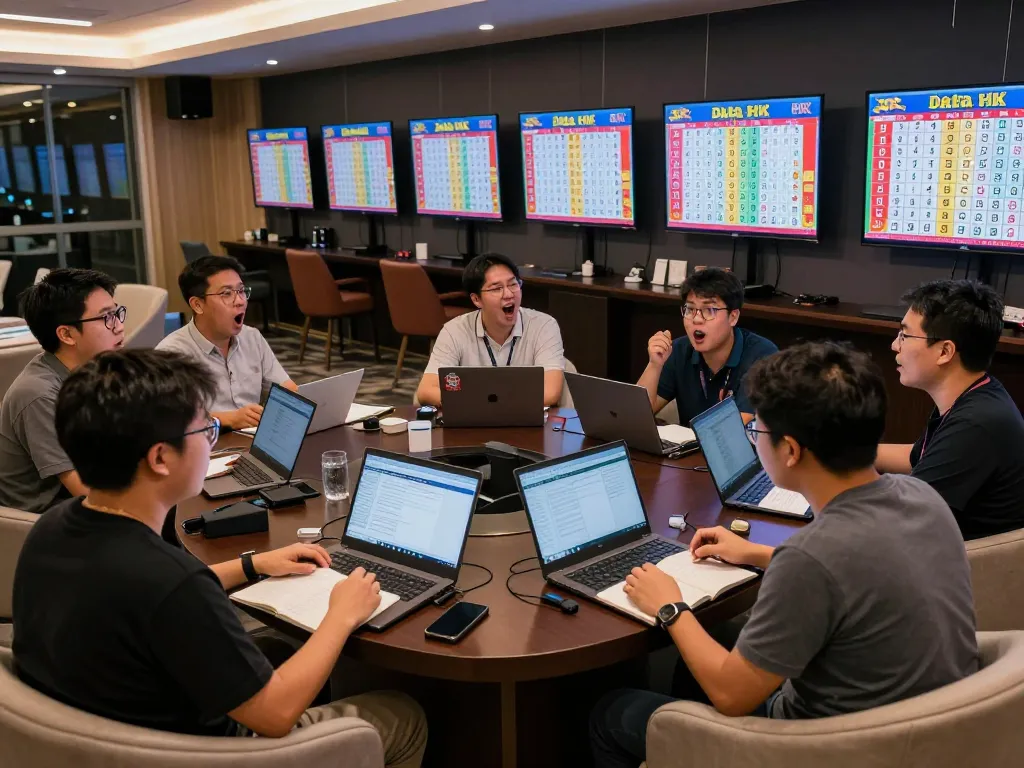 Excited players engaging with Data HK updates in a vibrant gambling lounge with digital displays.
