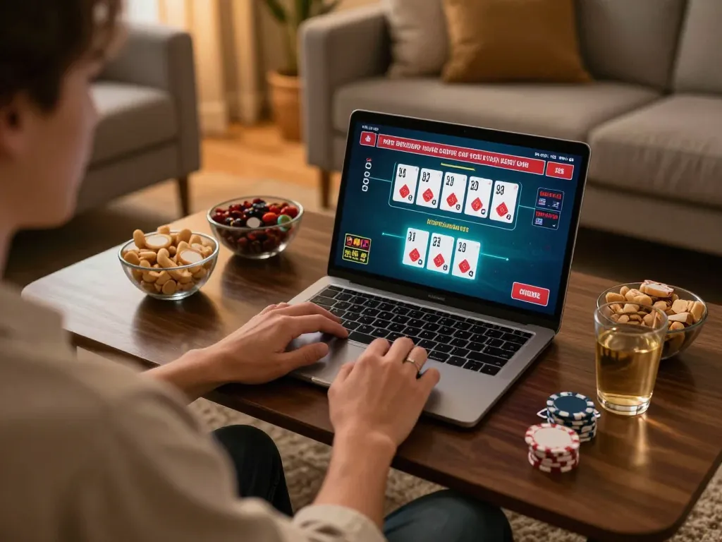 Play blackjack online at 23win with a cozy gaming setup, showcasing live action and strategic play.