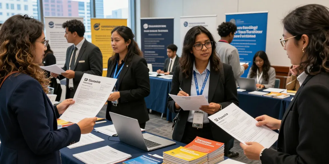University and trade schools graduates networking at a vibrant urban career fair, showcasing their skills and resumes.