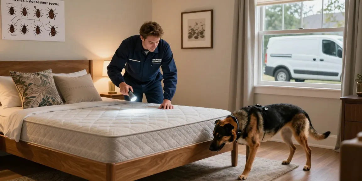 Expert bed bug control inspection in a cozy bedroom, highlighting discreet and professional pest management services.