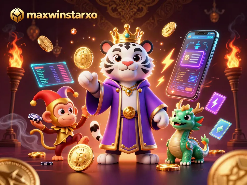 Experience maxwinstarxo's vibrant casino atmosphere with 3D illustrated characters and crypto elements.