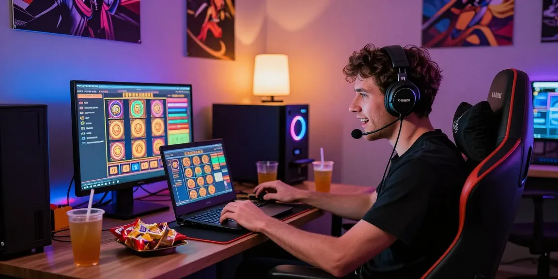 Engaging online gaming environment featuring slot depo 1k player at home with vibrant decor and snacks.