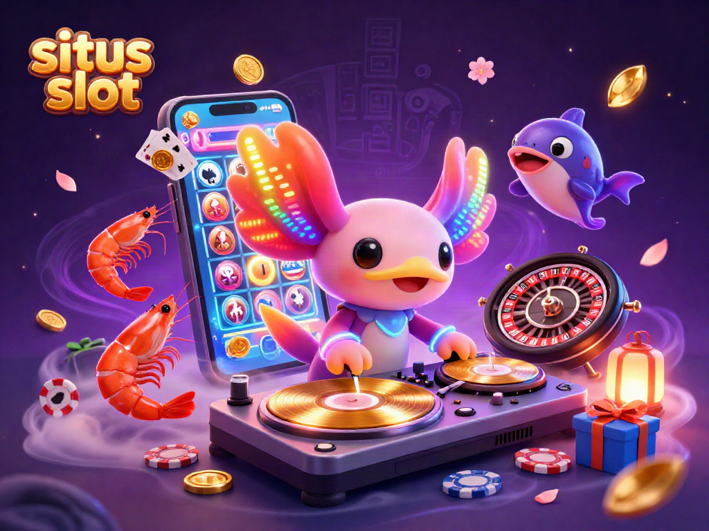 Experience situs slot entertainment with a vibrant axolotl DJ and glowing casino elements.