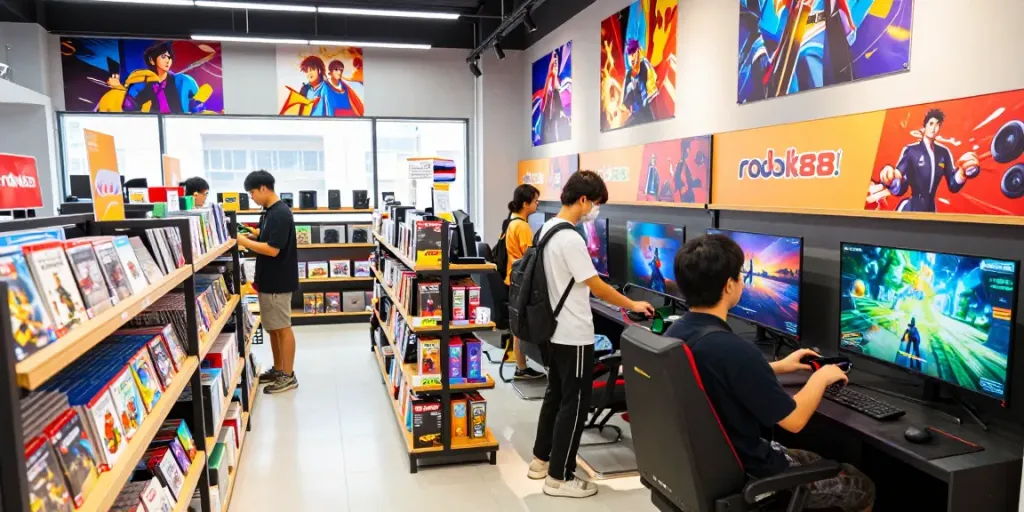 Customer exploring gaming aisles at rokok88 store filled with consoles and accessories