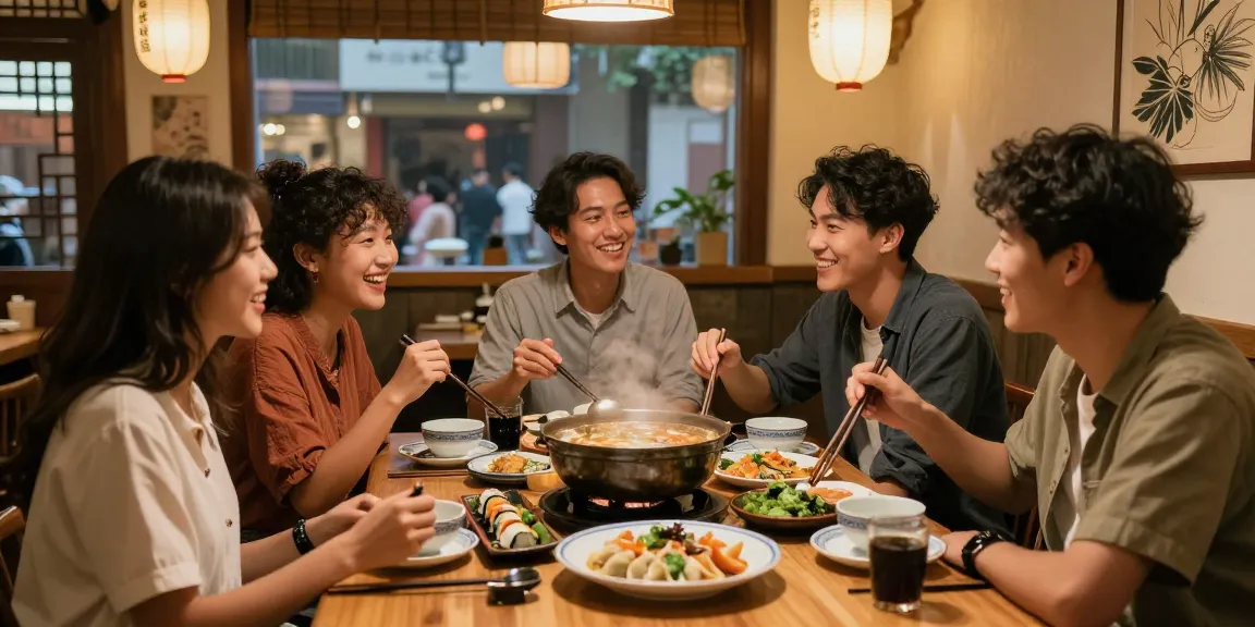Gathering at https://hanadultalk.com with friends enjoying Asian dishes and lively conversations.
