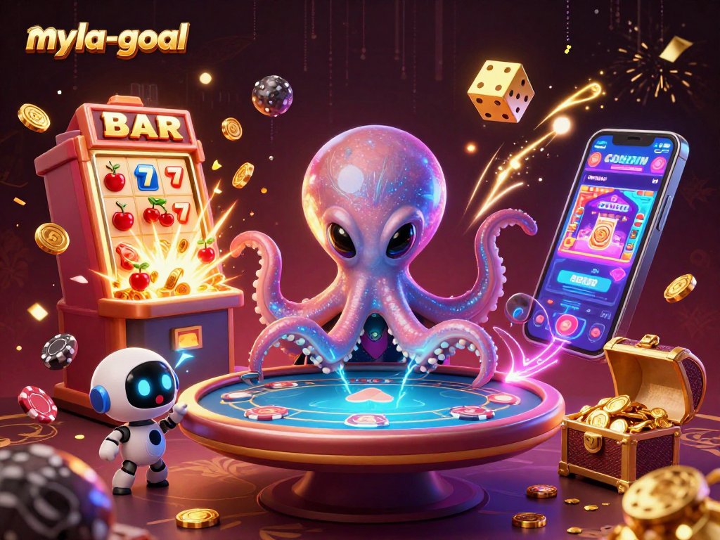 Experience game strategies with myla-goal as a cartoon alien octopus plays poker amidst casino excitement.