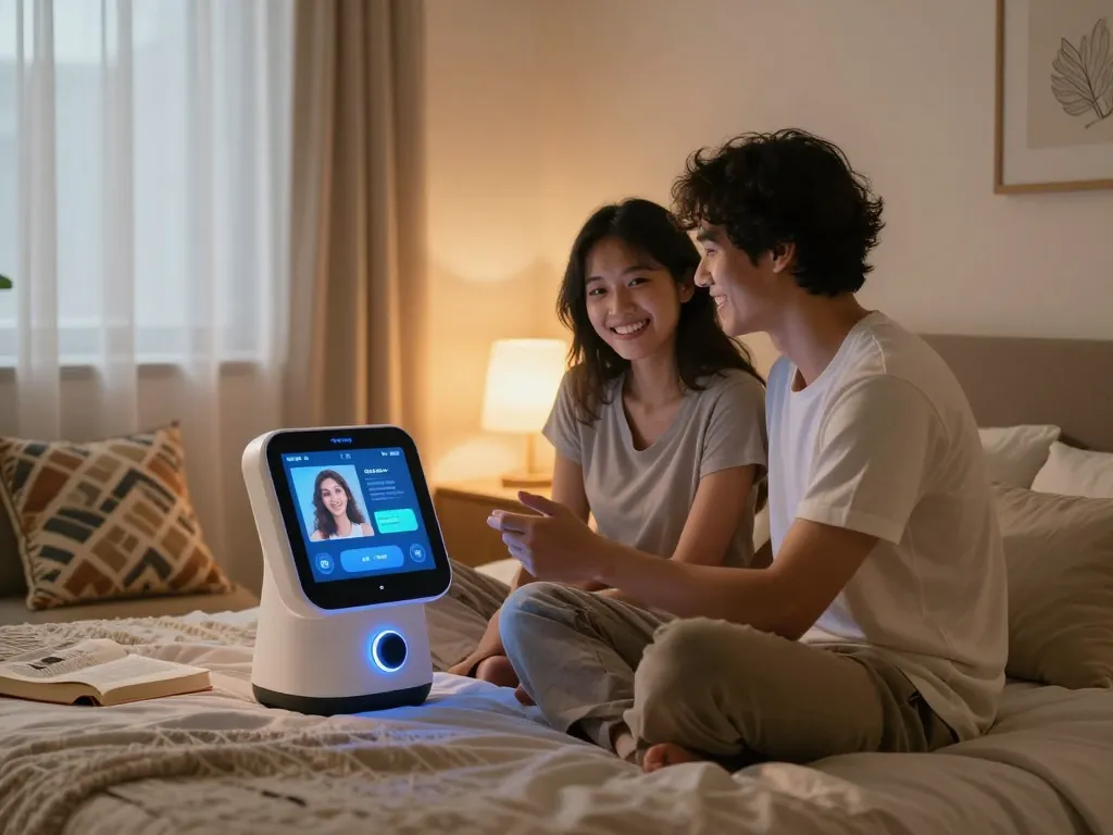 Couple interacting with an AI sex companion in a cozy bedroom, showcasing intimacy and technology integration.