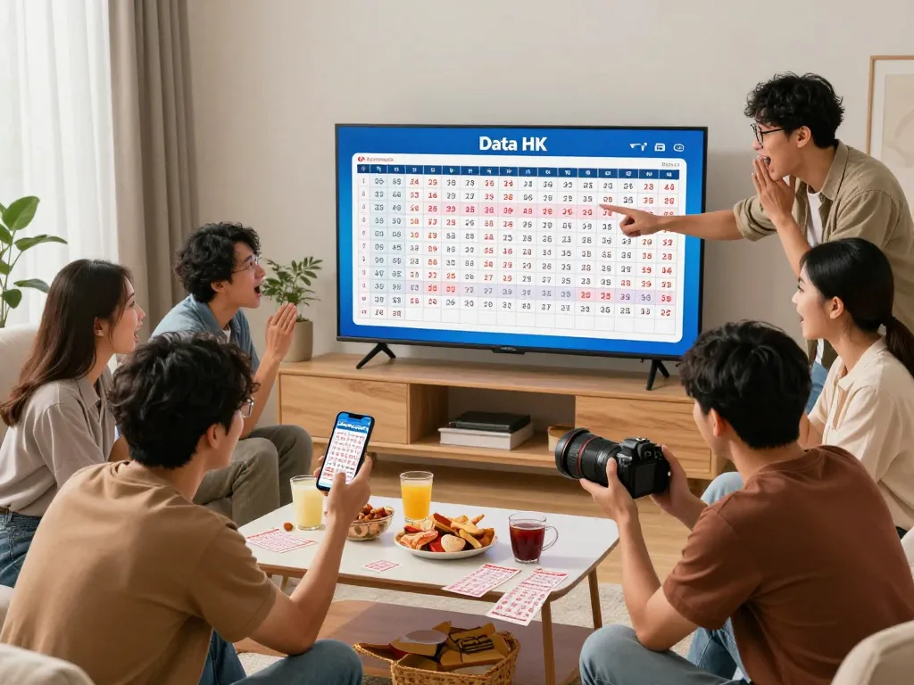 Group of friends excitedly checking Data HK lottery results on a large screen in a stylish living room.