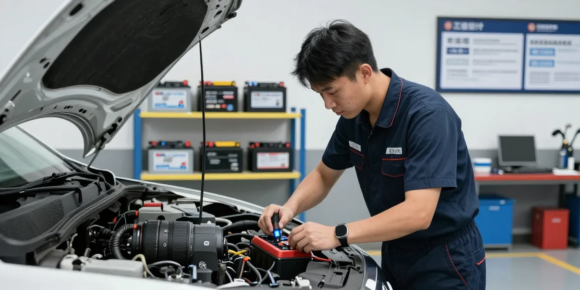 Professional battery replacement by a skilled technician in a modern garage.