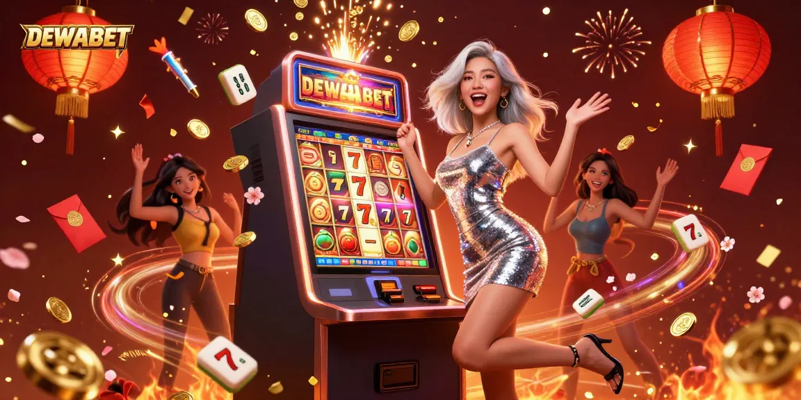 Spin and win with DEWABET at the slot machine, showcasing vibrant casino elements and celebratory energy.