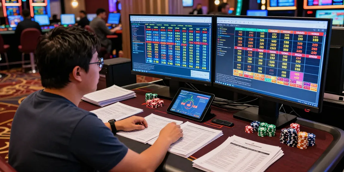 Analisa syair menang di kasino modern dengan layar digital dan data statistik.