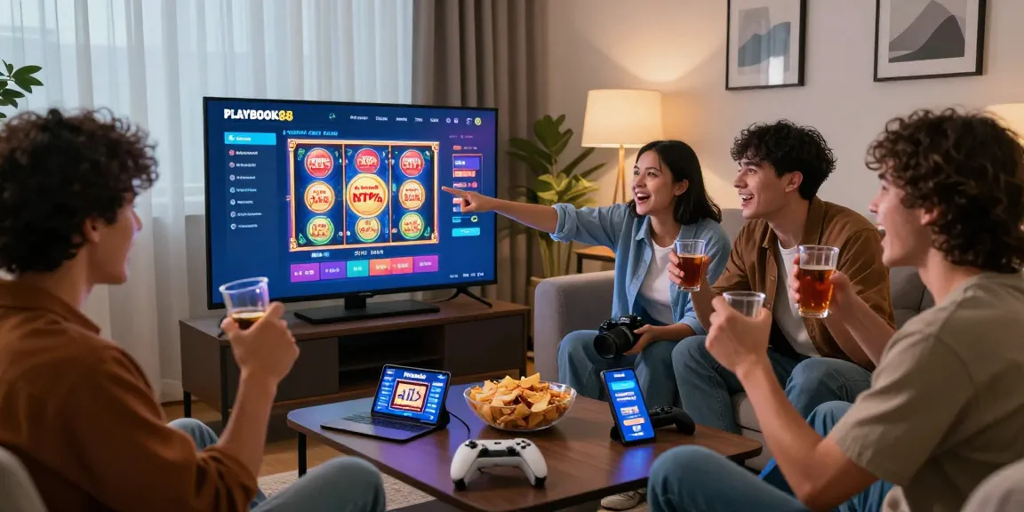 Exciting Playbook88 online gaming scene with friends enjoying high RTP slot games.