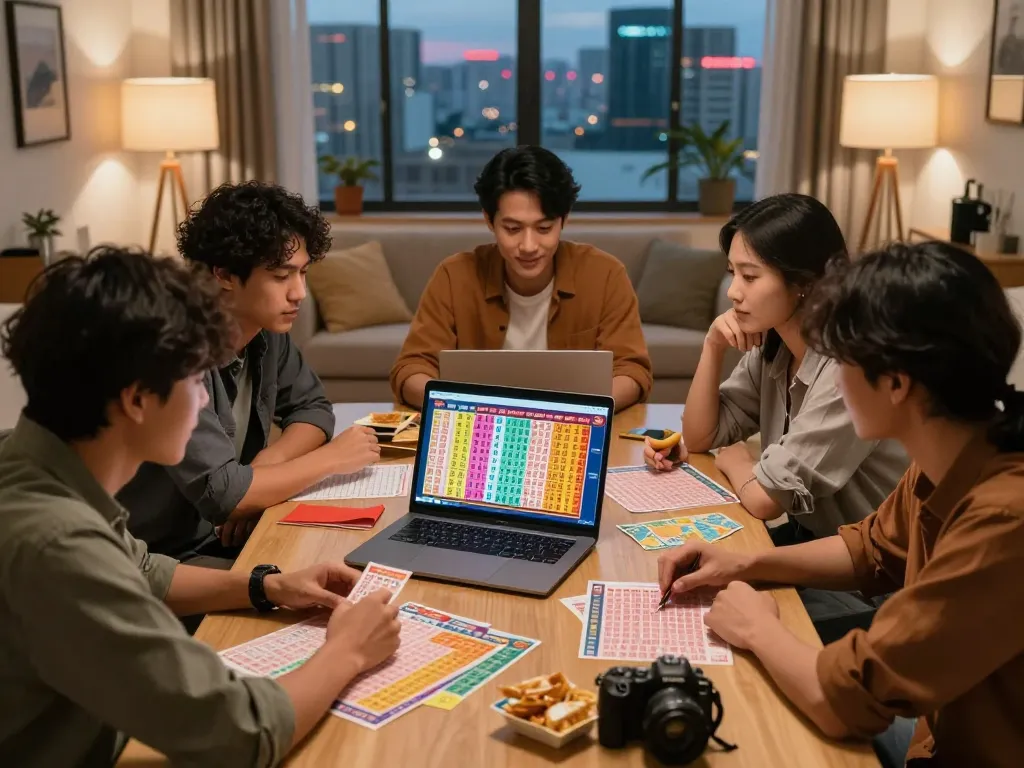 Engaging Togel Hongkong scene with friends analyzing Data HK lottery numbers.